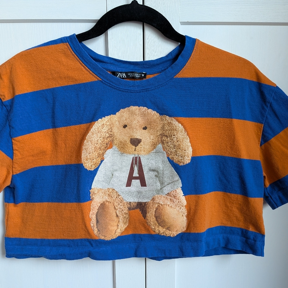 ZARA Striped Graphic Crop Top - Teddy Bear in Hoodie - Size M
